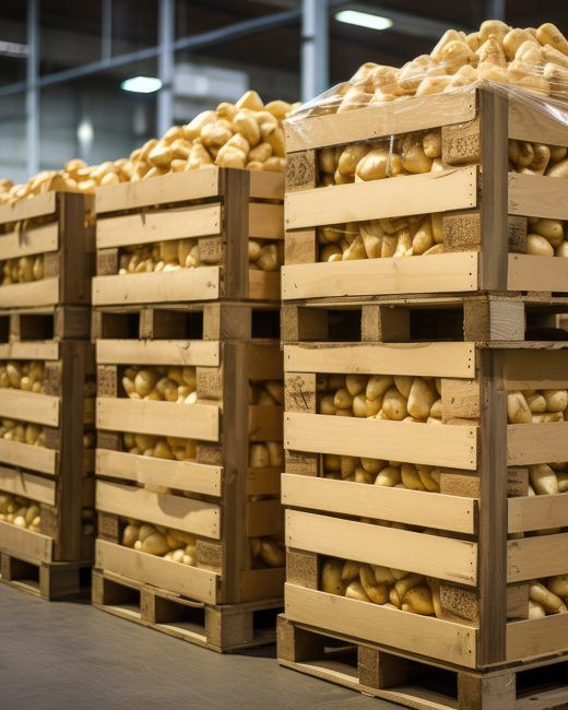 Dřevěné paletové boxy naplněné bramborami ve skladovací hale